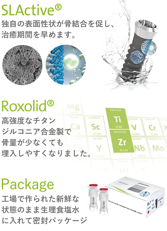 Point1：SLActive…独自の表面性状が骨結合を促し、治癒期間を早めます。Point2：Roxolid…高強度なチタンジルコニア合金製で、骨量が少なくても埋入しやすくなりました。Point3：Package…工場で作られた新鮮な状態のまま生理食塩水に入れて密封パッケージ