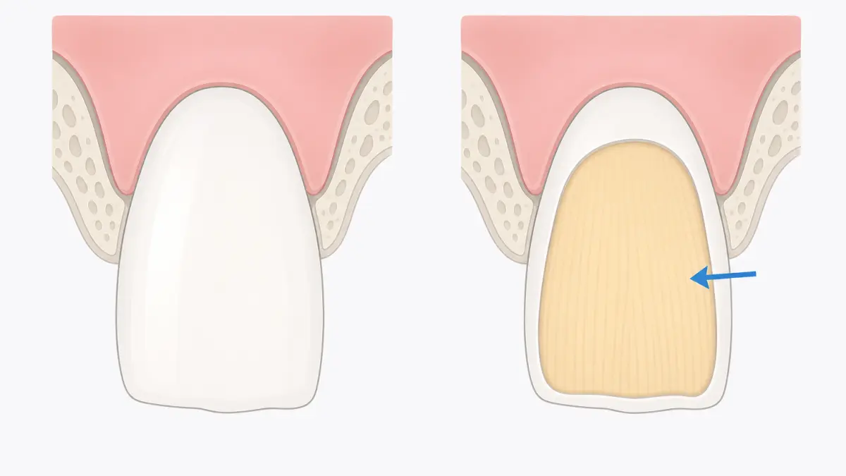 健康なエナメル質と削って象牙質が露出した歯の断面を対比した図
